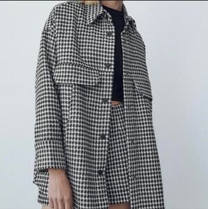 Joie Houndstooth Button Down Women's Boho Casual Shacket Black White Size 1X